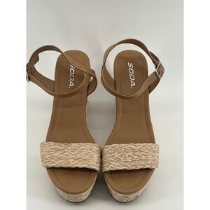 Soda Women's Size 10 Tan Espadrille Wedge Sandals Ankle Strap Platform